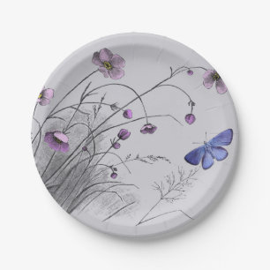 Assiettes En Carton Fleurs sauvages et papillon