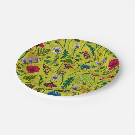 Assiettes En Carton Fleurs sauvages et papillons de nuit en vert (Angle)