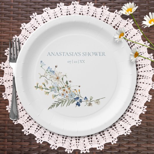 Assiettes En Carton Fleurs sauvages et pâquerettes bleutées rustiques 