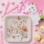 Assiettes En Carton Fleurs sauvages rose pêche carminé carré (Fête)