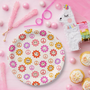 Assiettes En Carton Fleurs souriantes rétro heureuses avec des signes