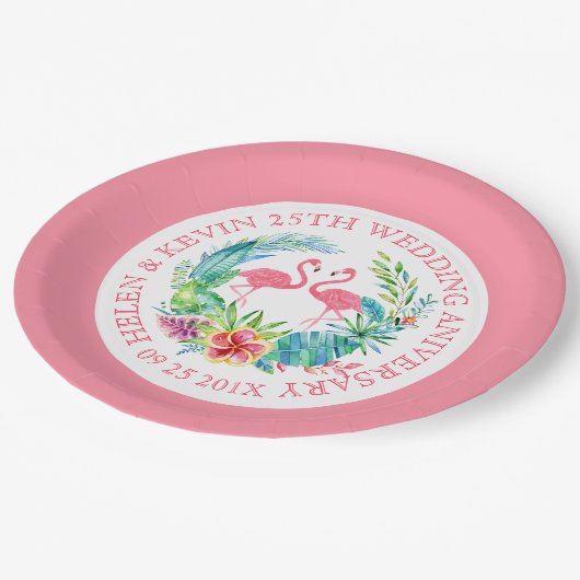 Assiettes En Carton Fleurs tropicales couronnes flamants roses (Angle)