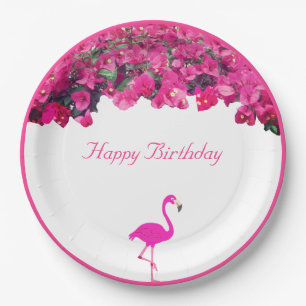 Assiettes En Carton Fleurs tropicales et anniversaire de flamingo