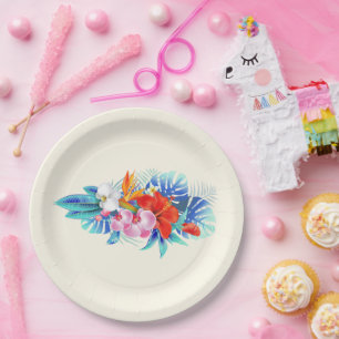 Assiettes En Carton Fleurs tropicales exotiques en rose et turquoise