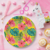 Assiettes En Carton Fleurs tropicales exotiques et feuillage sur Jaune (Fête)