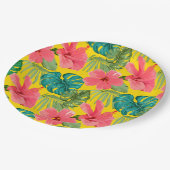 Assiettes En Carton Fleurs tropicales exotiques et feuillage sur Jaune (Angle)
