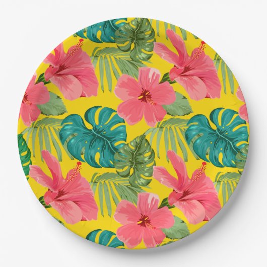 Assiettes En Carton Fleurs tropicales exotiques et feuillage sur Jaune (Devant)