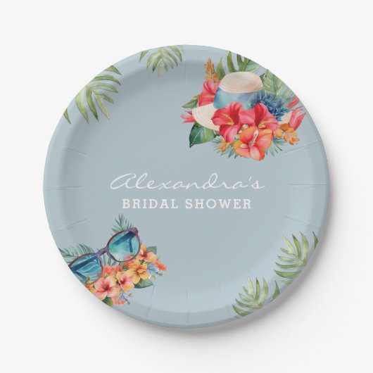 Assiettes En Carton Fleurs tropicales Fête des mariées de plage bleue (Devant)