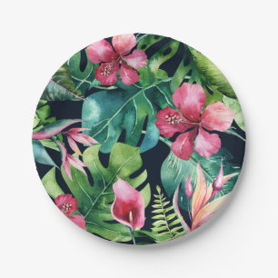 Assiettes En Carton Fleurs tropicales Hibiscus et feuilles de palmier