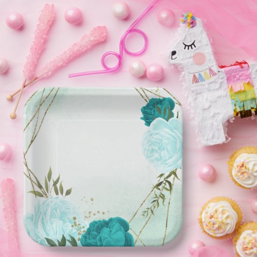 Assiettes En Carton fleurs turquoise vert feuille mariage (Fête)