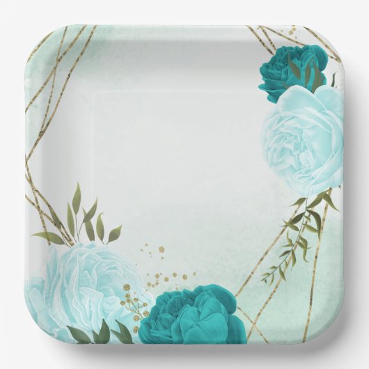 Assiettes En Carton fleurs turquoise vert feuille mariage (Recto)