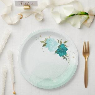 Assiettes En Carton fleurs turquoise vert feuille mariage