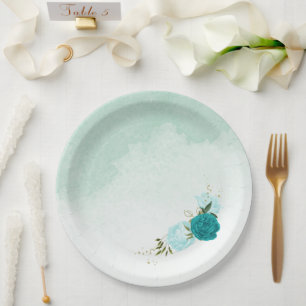 Assiettes En Carton fleurs turquoise vert feuille mariage