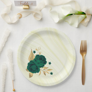 Assiettes En Carton fleurs vert émeraude or marbre feuille