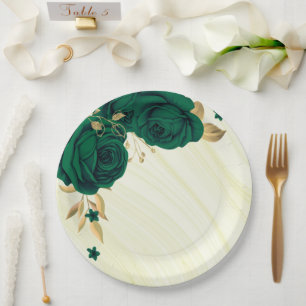 Assiettes En Carton fleurs vert émeraude or marbre feuille