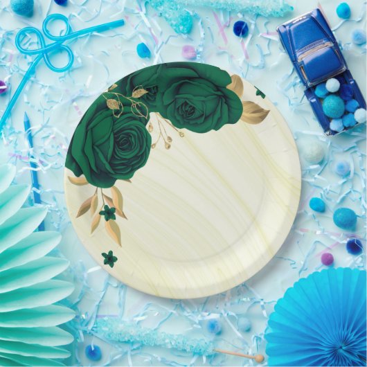Assiettes En Carton fleurs vert émeraude or marbre feuille (Fête)