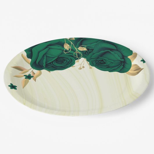 Assiettes En Carton fleurs vert émeraude or marbre feuille (Angle)