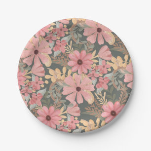 Assiettes En Carton Fleurs vertes rose Sage Laisser Motif Aquarelle