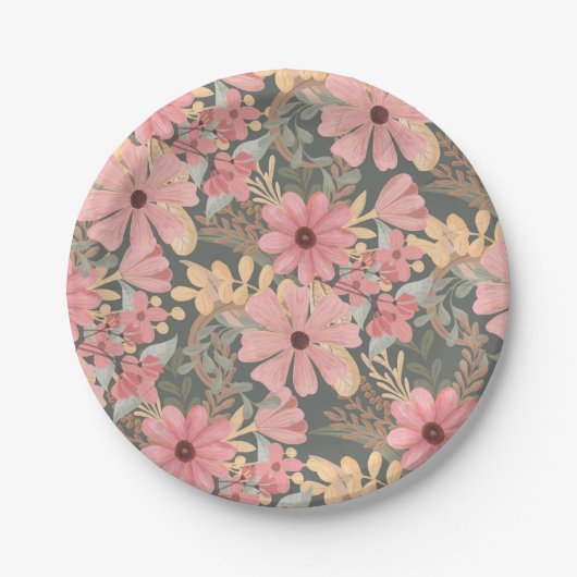 Assiettes En Carton Fleurs vertes rose Sage Laisser Motif Aquarelle (Devant)