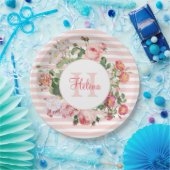 Assiettes En Carton Fleurs vintages Pink Stripes Monogramme (Fête)