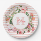 Assiettes En Carton Fleurs vintages Pink Stripes Monogramme (Devant)