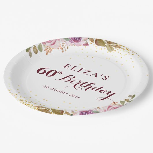 Assiettes En Carton Fleurs violettes 60e anniversaire (Angle)