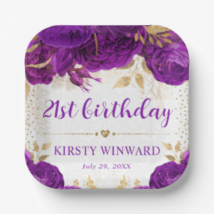 Assiettes En Carton Fleurs violettes et dorées aquarelle Anniversaire
