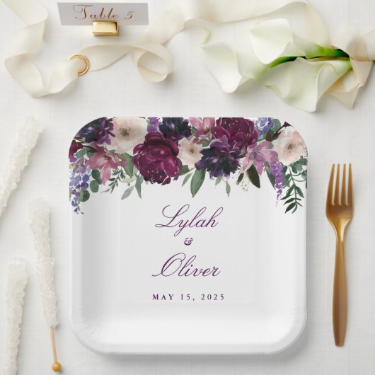 Assiettes En Carton Fleurs violettes luxuriantes | Mariage romantique (Mariage)