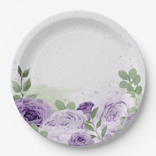 Assiettes En Carton fleurs violettes romantiques vert feuille botaniqu (Devant)