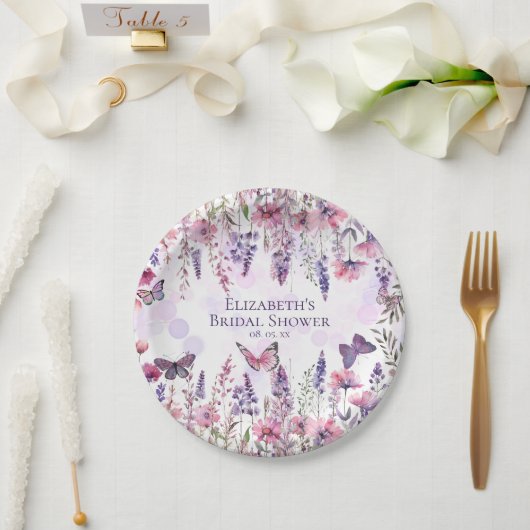 Assiettes En Carton Fleurs violettes roses papillons et fleurs sauvage (Mariage)