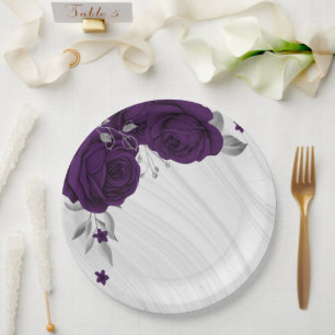 Assiettes En Carton fleurs violettes royales marbre feuille argent