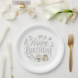 Assiettes En Carton Fleurs violettes vertes Joyeux Anniversaire