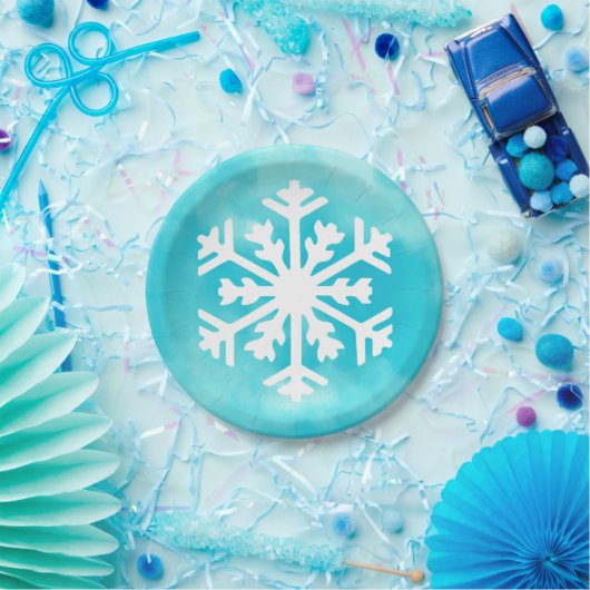 Assiettes En Carton Flocon blanc sur Arrière - plan bleu Aquarelle (Fête)
