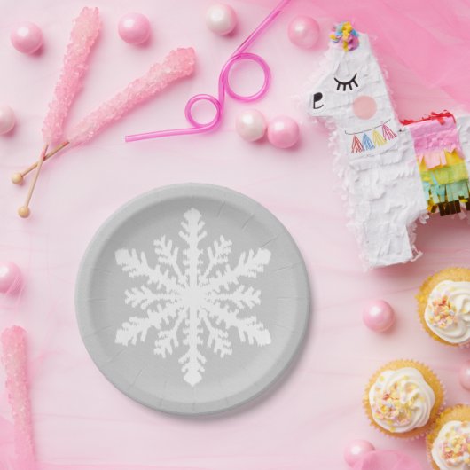 Assiettes En Carton Flocon de neige Ikat - gris et blanc argenté (Fête)