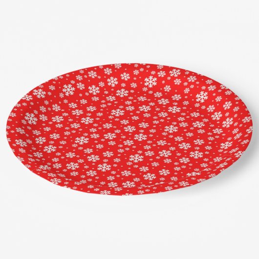 Assiettes En Carton Flocons blancs sur motif hiver rouge (Angle)