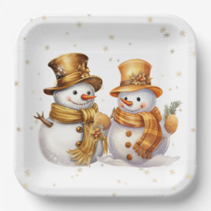 Assiettes En Carton Flocons de neige dorés avec bonhomme de neige