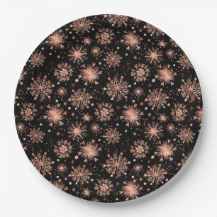 Assiettes En Carton Flocons de neige en or rose sur fond noir