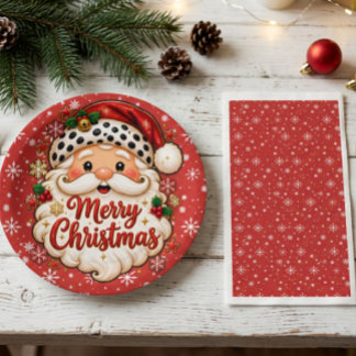 Assiettes En Carton Flocons de neige rouges avec le Père Noël