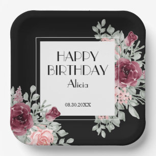 Assiettes En Carton Flora rose Bourgogne Noir Joyeux anniversaire