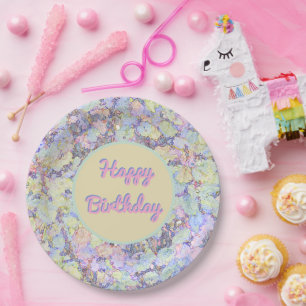 Assiettes En Carton Floral Abstrait, couleurs pastel/Joyeux anniversai