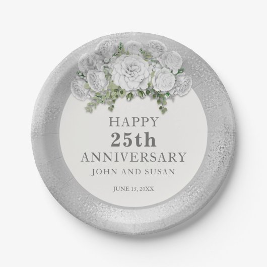 Assiettes En Carton Floral blanc argenté 25e anniversaire Mariage (Devant)