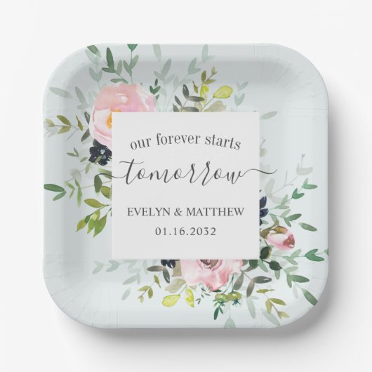 Assiettes En Carton Floral Bleu Forever Commence Demain Répétition (Recto)