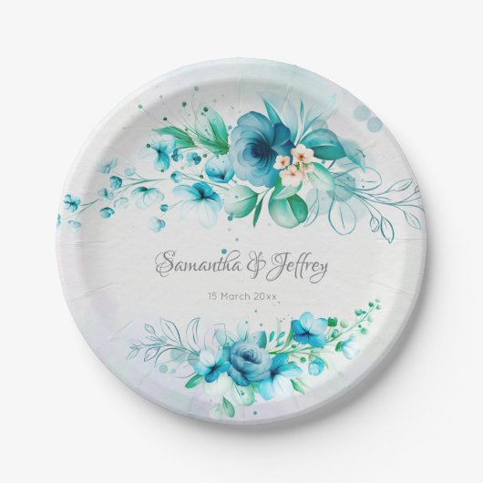 Assiettes En Carton Floral bleu turquoise vert (Devant)