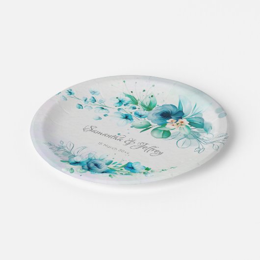 Assiettes En Carton Floral bleu turquoise vert (Angle)