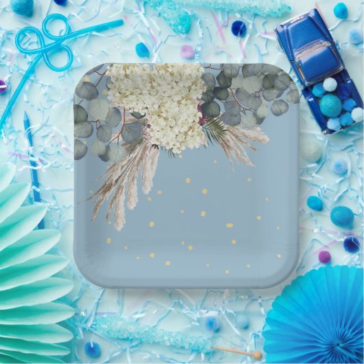 Assiettes En Carton Floral Blue Gold Elegant Anniversaire (Fête)