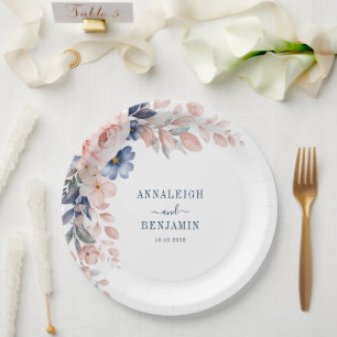 Assiettes En Carton Floral Botanique Bleu Mariage de verdure