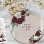 Assiettes En Carton Floral Bourgogne et Roses d'ivoire Personnalisé<br><div class="desc">Elégantes assiettes en papier floral aux roses bordeaux rouge et ivoire, verdure, feuilles eucalyptus et plaques dorées. Le modèle est configuré pour que vous puissiez ajouter votre texte personnalisé. Parcourez ma collection de Roses royaux pour trouver des invitations et des accessoires ou envoyez-moi un message pour créer les modèles dont...</div>