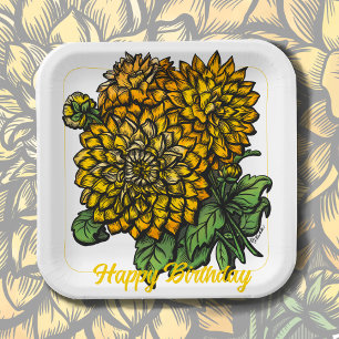 Assiettes En Carton Floral Dahlias Jaune