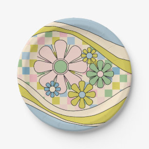 Assiettes En Carton Floral Daydream Fleur Retro Checked 60s Pastel