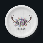 Assiettes En Carton Floral Deer Antler Bouquet Mariage rustique Monogr<br><div class="desc">Bouquet Antler de Cerf Floral en Bourgogne Vin & Or sur Bois Blanc Rustique Pays Chic Plaques de papier Mariage Avec police de caractères à la main tendance ! ~ Regardez ma boutique pour voir toute la collection de mariages avec ce design!</div>
